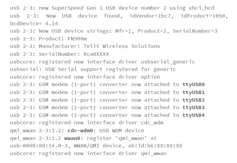 telit fn980 usb 调制解调器连接上的内核日志输出